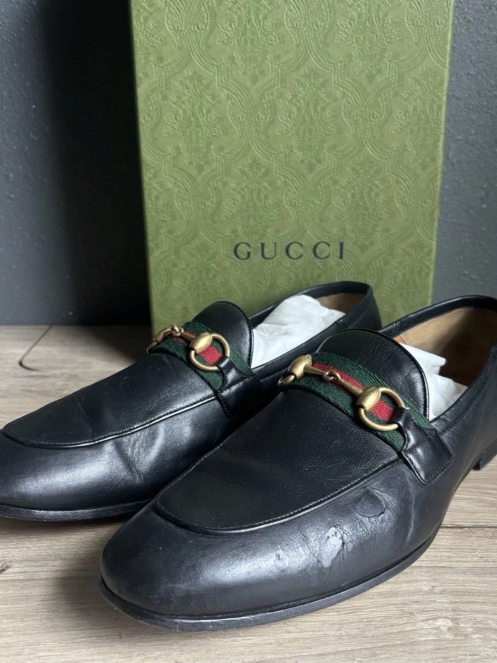 Authentic GUCCI Black Leather Horsebit Jordaan Loafers Size US 9